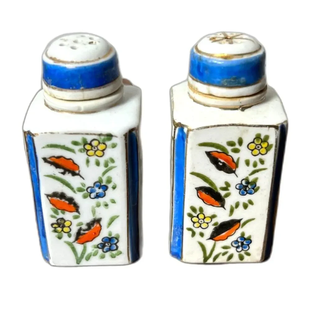 Vintage Hand-Painted Japan Salt & Pepper Shakers Floral Ceramic Blue Trim 1950s